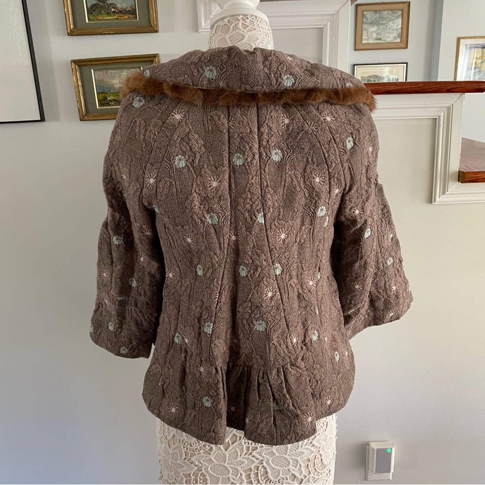 HANII Y Wool Blend Brown Embroidered Jacket Blazer Fur Collar - Picture 8 of 8